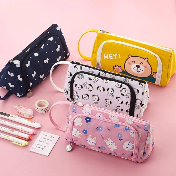 Angoo Canvas Large-Capacity Stationery Case With Side Window Student Pencil Storage Bag(Beckoning Bear)