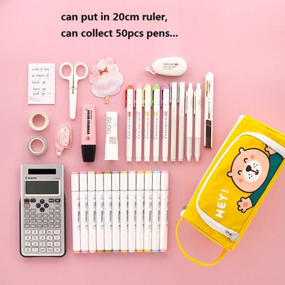 Angoo Canvas Large-Capacity Stationery Case With Side Window Student Pencil Storage Bag(Beckoning Bear)