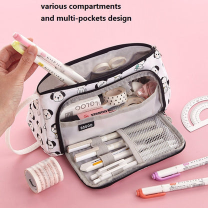 Angoo Canvas Large-Capacity Stationery Case With Side Window Student Pencil Storage Bag(Beckoning Bear)