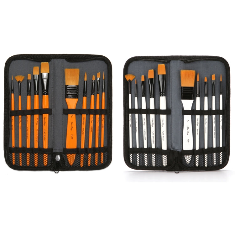 ZHU TING 10 In 1 Wooden Pole Nylon Wool Watercolor Pen And Board Brush Fan Shaped Painting Pen Set With Cloth BagZHUTING(White Rod)