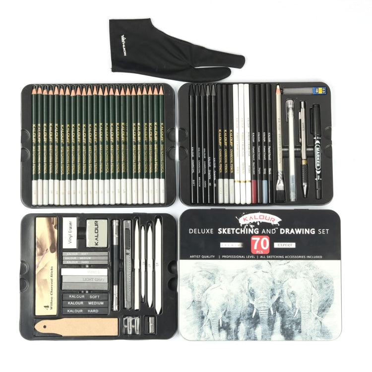 KALOUR Ensemble de 70 crayons d'esquisse dans une boîte en fer, kit d'outils de croquis, crayons de peinture beaux-arts (noir)