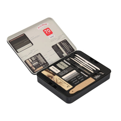 KALOUR Ensemble de 70 crayons d'esquisse dans une boîte en fer, kit d'outils de croquis, crayons de peinture beaux-arts (noir)