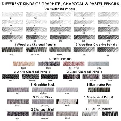 KALOUR Ensemble de 70 crayons d'esquisse dans une boîte en fer, kit d'outils de croquis, crayons de peinture beaux-arts (noir)