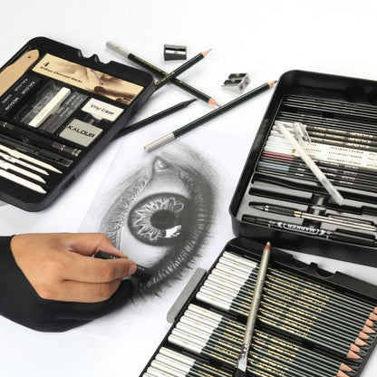 KALOUR Ensemble de 70 crayons d'esquisse dans une boîte en fer, kit d'outils de croquis, crayons de peinture beaux-arts (noir)