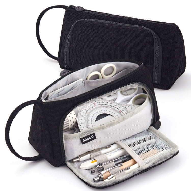 Angoo Student Large-Capacity Stationery Bag Portable Gift Cosmetic Bag(Black Corduroy)