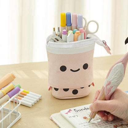 ANGOO Cute Girl Heart Multifunctional Pen Holder Stationery Retractable Storage Bag(Peach Milk Tea)