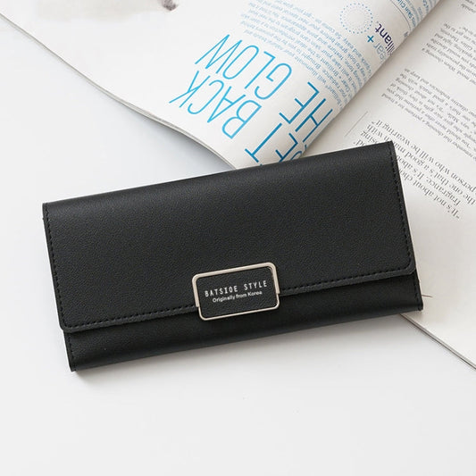 Portefeuille femme BATSIOE, long, à trois volets, avec boucle, poches multi-cartes, en PU (noir)