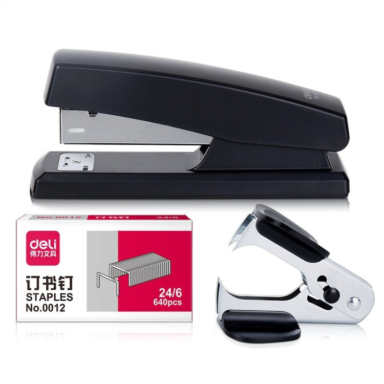 Deli 12 0354 Stapler Set Office Standard Medium-Sized Stapler Staple Remover + Staples(Black)