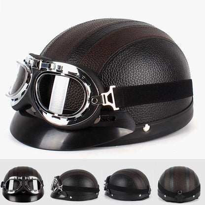 BSDDP A0318 PU Helmet With Goggles, Size: One Size(Black Brown)