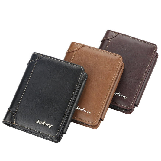 Baellerry D9159 Men Short Tri-Fold Zip Coin Purse Thin Card Holder(Coffee)