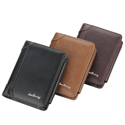 Baellerry D9159 Men Short Tri-Fold Zip Coin Purse Thin Card Holder(Brown)