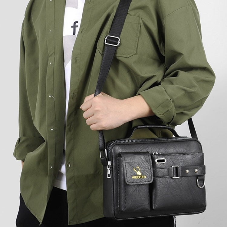WEIXIER D235 Sac à bandoulière pour hommes en cuir PU portable (Texture unie noir)