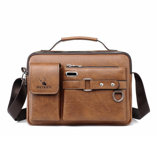 WEIXIER D235 Men Shoulder Bag Portable PU Leather Handbag(Plain Texture Light Brown)