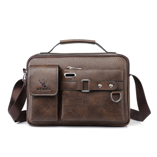 WEIXIER D235 Men Shoulder Bag Portable PU Leather Handbag(Plain Texture Dark Brown)