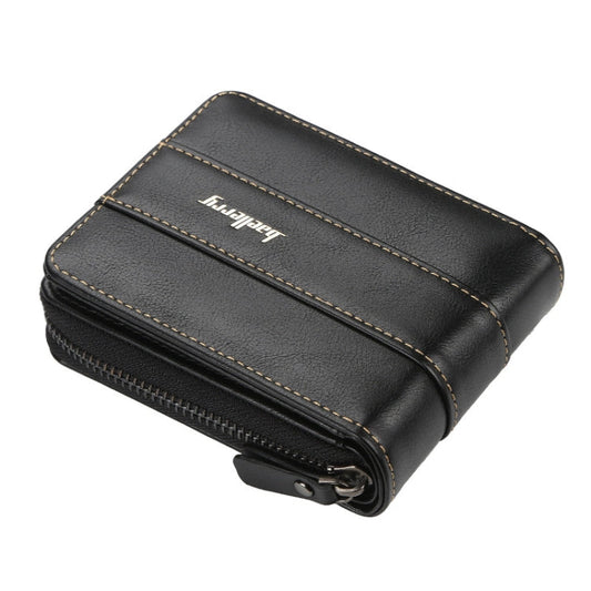 Baellerry Men Short Wallet Buckle Multi-card Coin Purse Tri-fold Zip Wallet(Black)