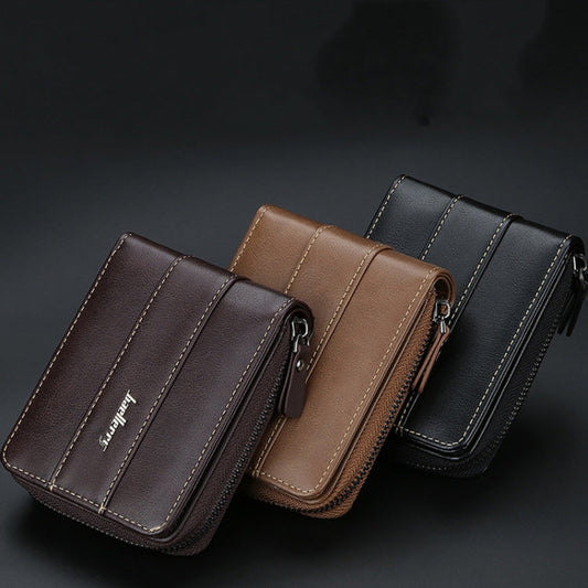 Baellerry Men Short Wallet Buckle Multi-card Coin Purse Tri-fold Zip Wallet(Black)