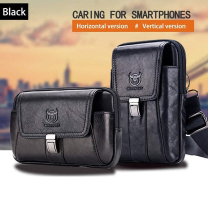 BULL CAPTAIN Multifunctional Leather Mobile Phone Small Waist Bag For Men(Horizontal Black)