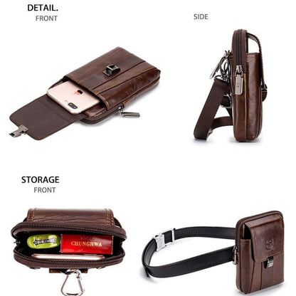 BULL CAPTAIN Multifunctional Leather Mobile Phone Small Waist Bag For Men(Horizontal Black)
