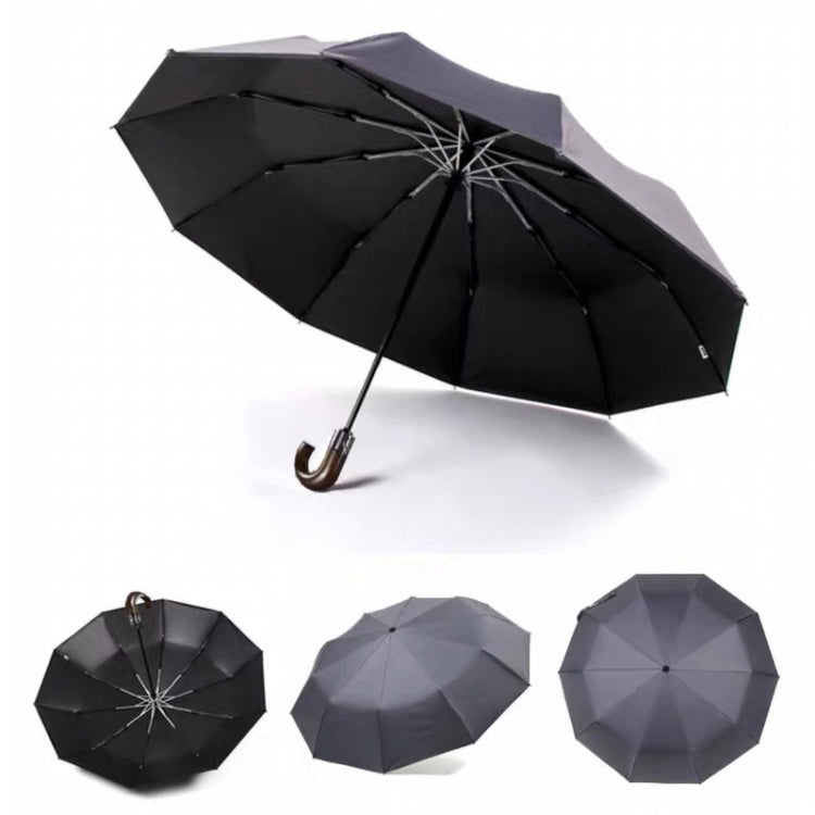 PARACHASE Solid Wood Bending Handle 10 Bone Three Fold Automatic Umbrella(Grey)