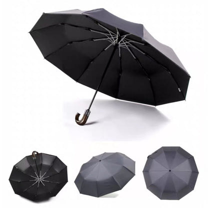 PARACHASE Solid Wood Bending Handle 10 Bone Three Fold Automatic Umbrella(Grey)