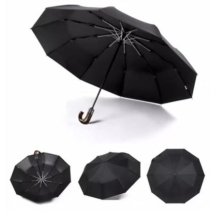 PARACHASE Solid Wood Bending Handle 10 Bone Three Fold Automatic Umbrella(Black)