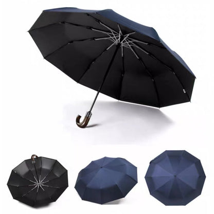 PARACHASE Solid Wood Bending Handle 10 Bone Three Fold Automatic Umbrella(Navy)