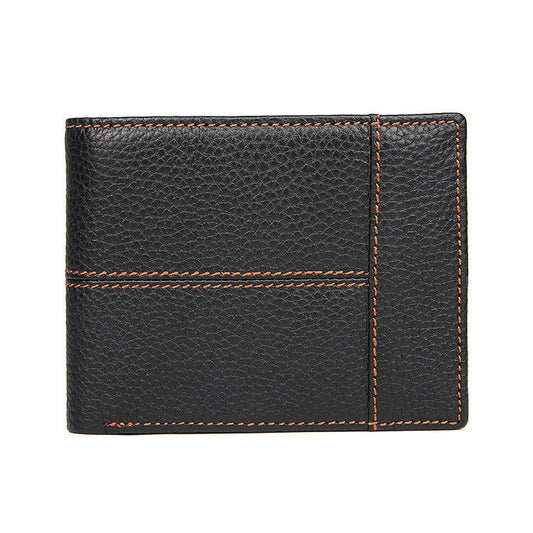 Men Retro Portable Wallet Short Cowhide Leather Wallet(Black)