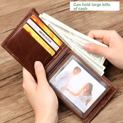Men Retro Portable Wallet Short Cowhide Leather Wallet(Brown)