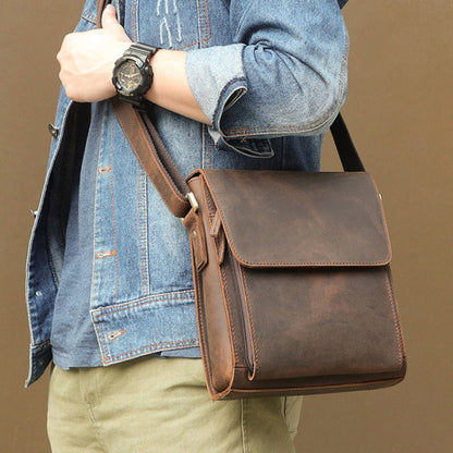 Vintage Crazy Horse Leather Men Shoulder Bag Messenger Bag(Black)