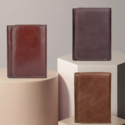 Men Casual Retro RFID Blocking Anti-Scanning Cowhide Leather Short Wallet(Chocolate Color)