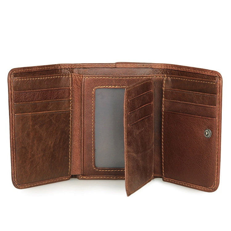 Men Casual Retro RFID Blocking Anti-Scanning Cowhide Leather Short Wallet(Chocolate Color)