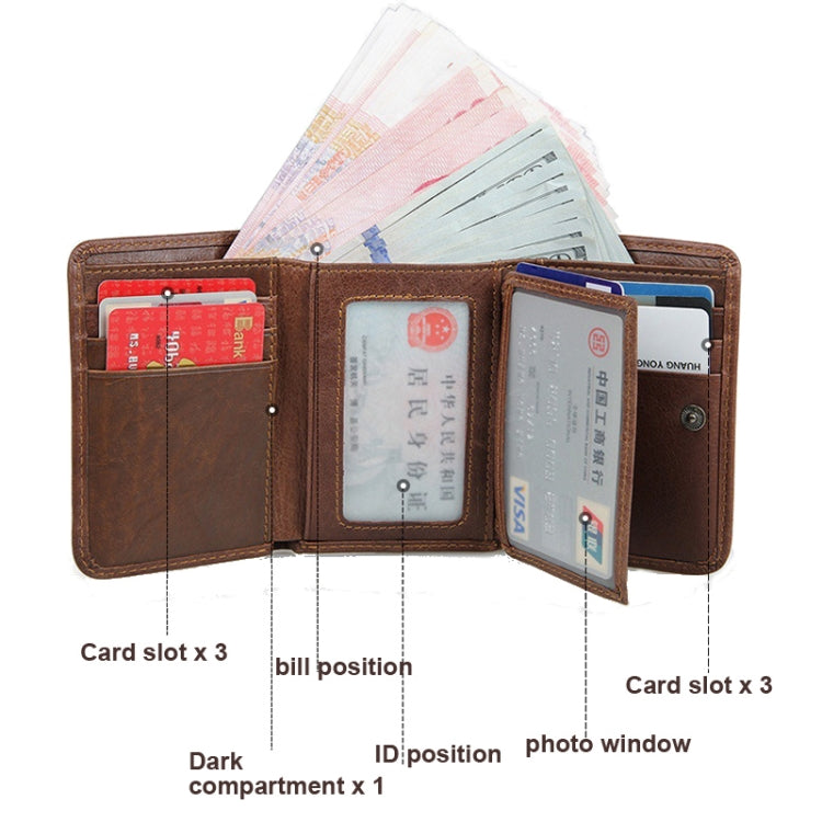 Men Casual Retro RFID Blocking Anti-Scanning Cowhide Leather Short Wallet(Chocolate Color)