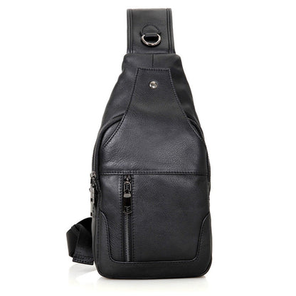 Casual Men Chest Bag First Layer Cowhide Messenger Bag(Black)