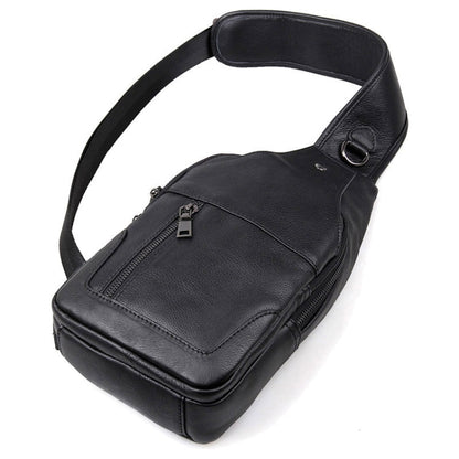 Casual Men Chest Bag First Layer Cowhide Messenger Bag(Black)