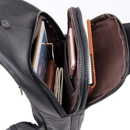 Casual Men Chest Bag First Layer Cowhide Messenger Bag(Black)
