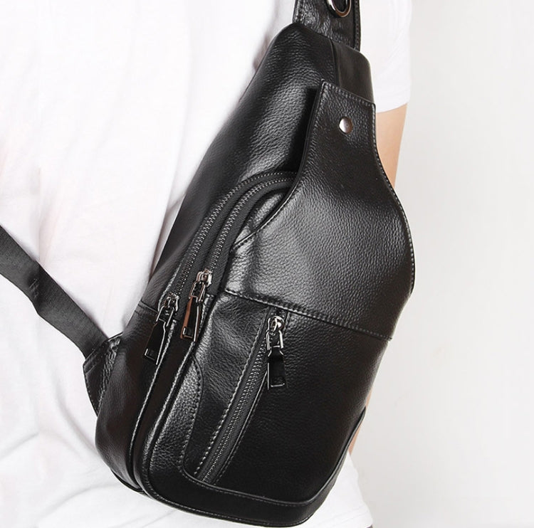Casual Men Chest Bag First Layer Cowhide Messenger Bag(Black)