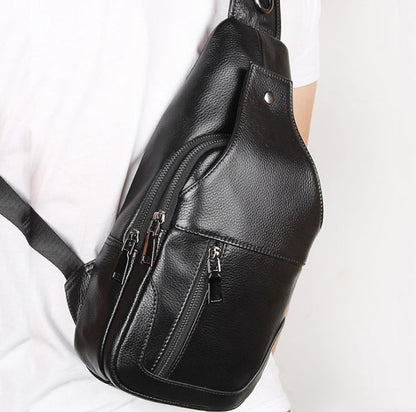 Casual Men Chest Bag First Layer Cowhide Messenger Bag(Black)