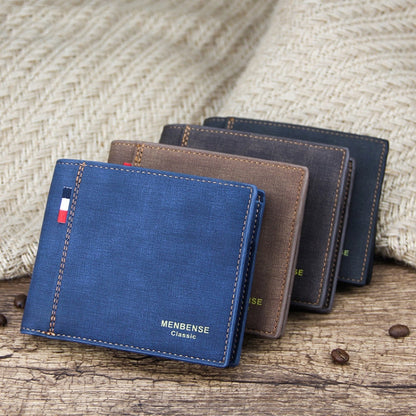 MenBense Frosted PU Short Large Capacity Fashion Retro Three Fold Bag Men Wallet(Navy)