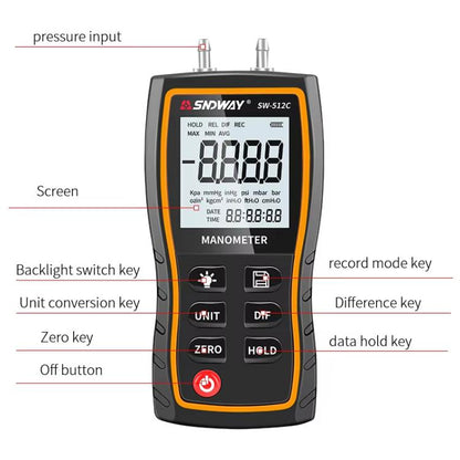 SNDWAY SW-512A Digital Handheld Differential Pressure Gauge Negative Pressure Tester