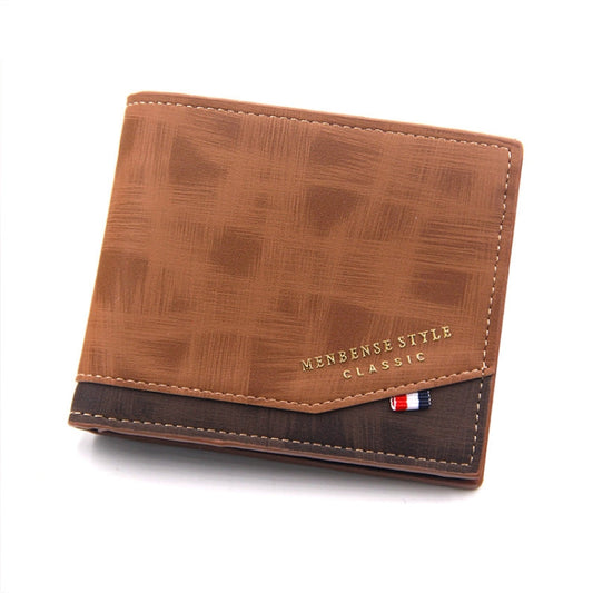 Portefeuille homme grande capacité multi-cartes mat court à charnière estampée à chaud Menbense (D3301-4 Marron clair)