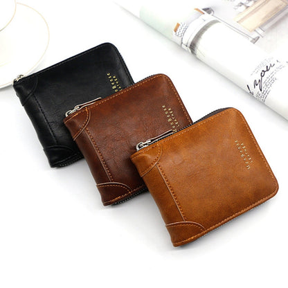 Menbense Portefeuille Rétro Zippé Grande Capacité Multi-Cartes Style Décontracté (Noir)