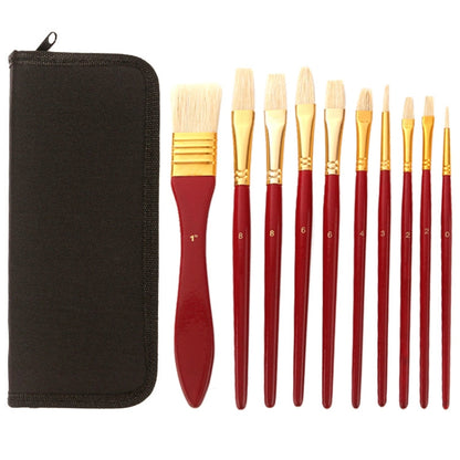 Zhu Ting 10PCS/Set Wooden Handle Bristle Oil Painting Gouache Set(Red Pole Black Bag)