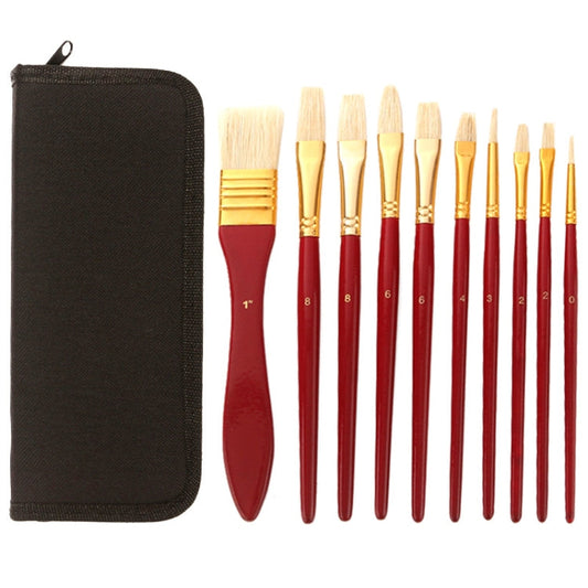 Zhu Ting Lot de 10 Pinceaux pour Peinture à l'Huile et Gouache à Manche en Bois (Manche Rouge, Sac Noir)