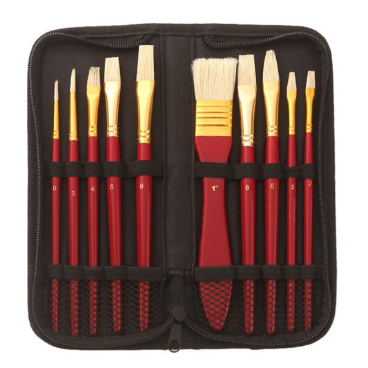 Zhu Ting Lot de 10 Pinceaux pour Peinture à l'Huile et Gouache à Manche en Bois (Manche Rouge, Sac Noir)
