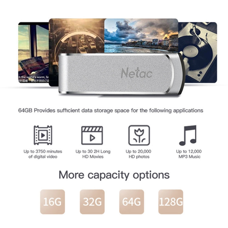 Disque U pour ordinateur de voiture rotatif en métal USB 3.0 haute vitesse Netac U388, capacité : 128 Go