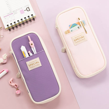 Angoo Macaron Double-layer Retractable Large-capacity Pencil Case Stationery Box(Dark Blue)