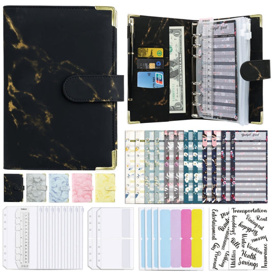 Livre de budget classeur A6 carnet marbré classeur en cuir PU (Noir)