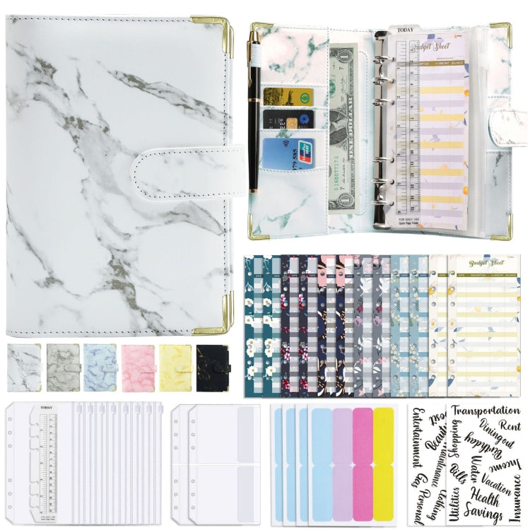 Livre de budget avec classeur A6, carnet marbré en cuir PU (blanc)