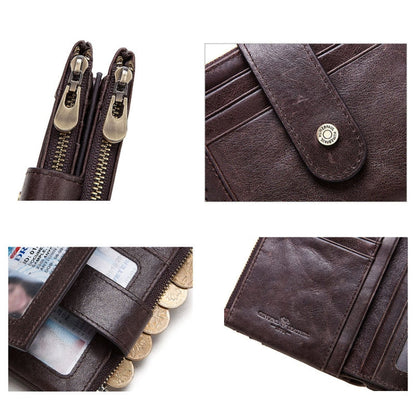 HUMERPAUL BP896 RFID Anti-Theft Brush Dual Zipper Leather Wallet Multi-Card Men Purse(Brown)