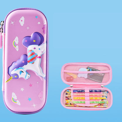 Uime EVA 3D Trousse à Crayons Multi-Compartiments Boîte à Papeterie Fournitures Scolaires pour Enfants (Poney Violet)
